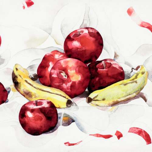 Still life oil painting of apples and oranges showcasing color theory principles with complementary red-green palettes.