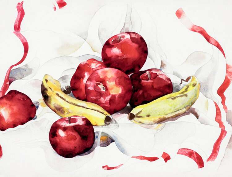Still life oil painting of apples and oranges showcasing color theory principles with complementary red-green palettes.
