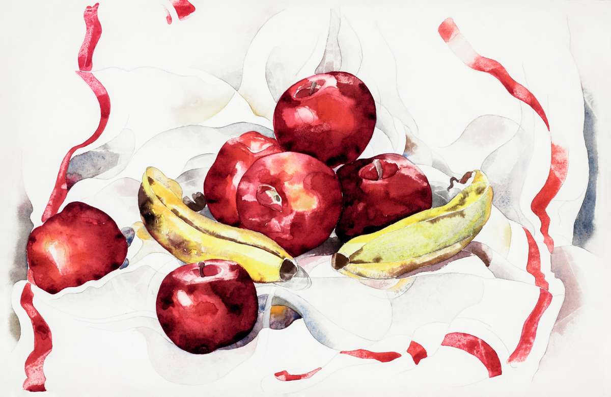 Still life oil painting of apples and oranges showcasing color theory principles with complementary red-green palettes.