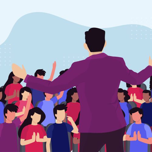An animated Illustration art style showing a confident man speaking to a cheering audience, visually representing what are communication skills in action.