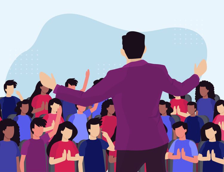 An animated Illustration art style showing a confident man speaking to a cheering audience, visually representing what are communication skills in action.