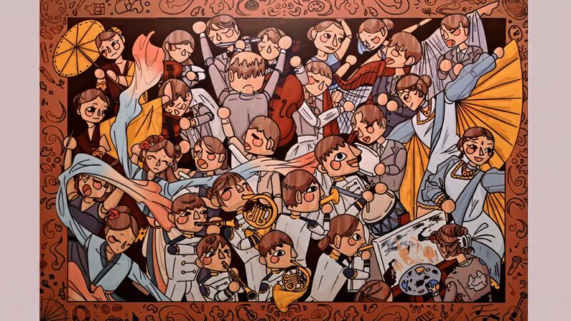 A colorful animated illustration of characters in the Arts, featuring musicians playing trumpets, cellos, and drums, and artists painting on canvases. They wear varied attire, holding umbrellas and fans, within an ornate border of musical notes and paintbrushes on a light background.