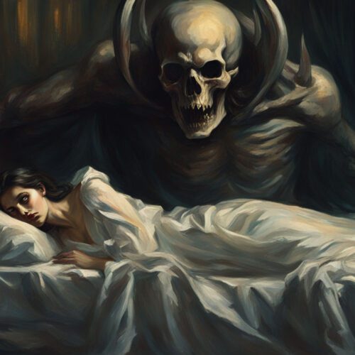 Sleep paralysis demon creeping behind a woman in bed – classic nighttime terror scene.