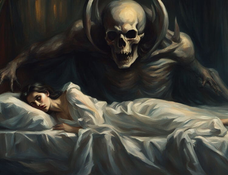 Sleep paralysis demon creeping behind a woman in bed – classic nighttime terror scene.