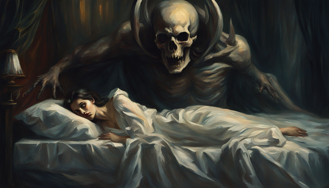 Sleep paralysis demon creeping behind a woman in bed – classic nighttime terror scene.