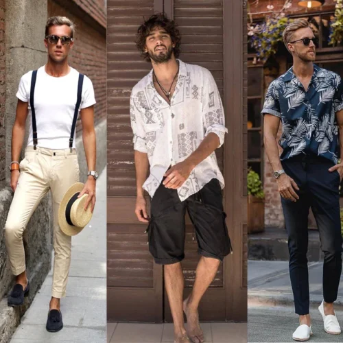 Five stylish men modeling various summer outfits, including striped shorts with a polo shirt, beige pants with suspenders and a white tee, black cargo shorts with a patterned linen shirt, navy trousers with a tropical short-sleeve shirt, and white shorts paired with a patterned button-down. Each outfit showcases different looks for man’s summer dressing, accessorized with sunglasses, loafers, and casual footwear.