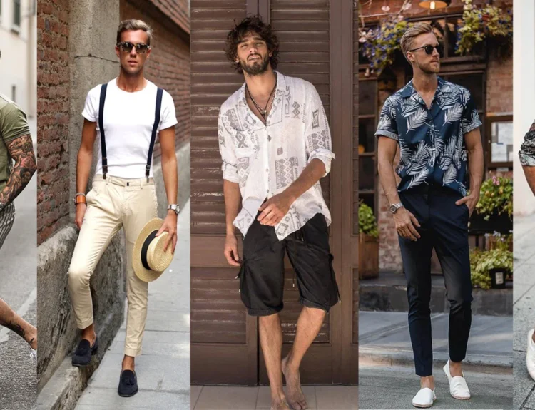 Five stylish men modeling various summer outfits, including striped shorts with a polo shirt, beige pants with suspenders and a white tee, black cargo shorts with a patterned linen shirt, navy trousers with a tropical short-sleeve shirt, and white shorts paired with a patterned button-down. Each outfit showcases different looks for man’s summer dressing, accessorized with sunglasses, loafers, and casual footwear.
