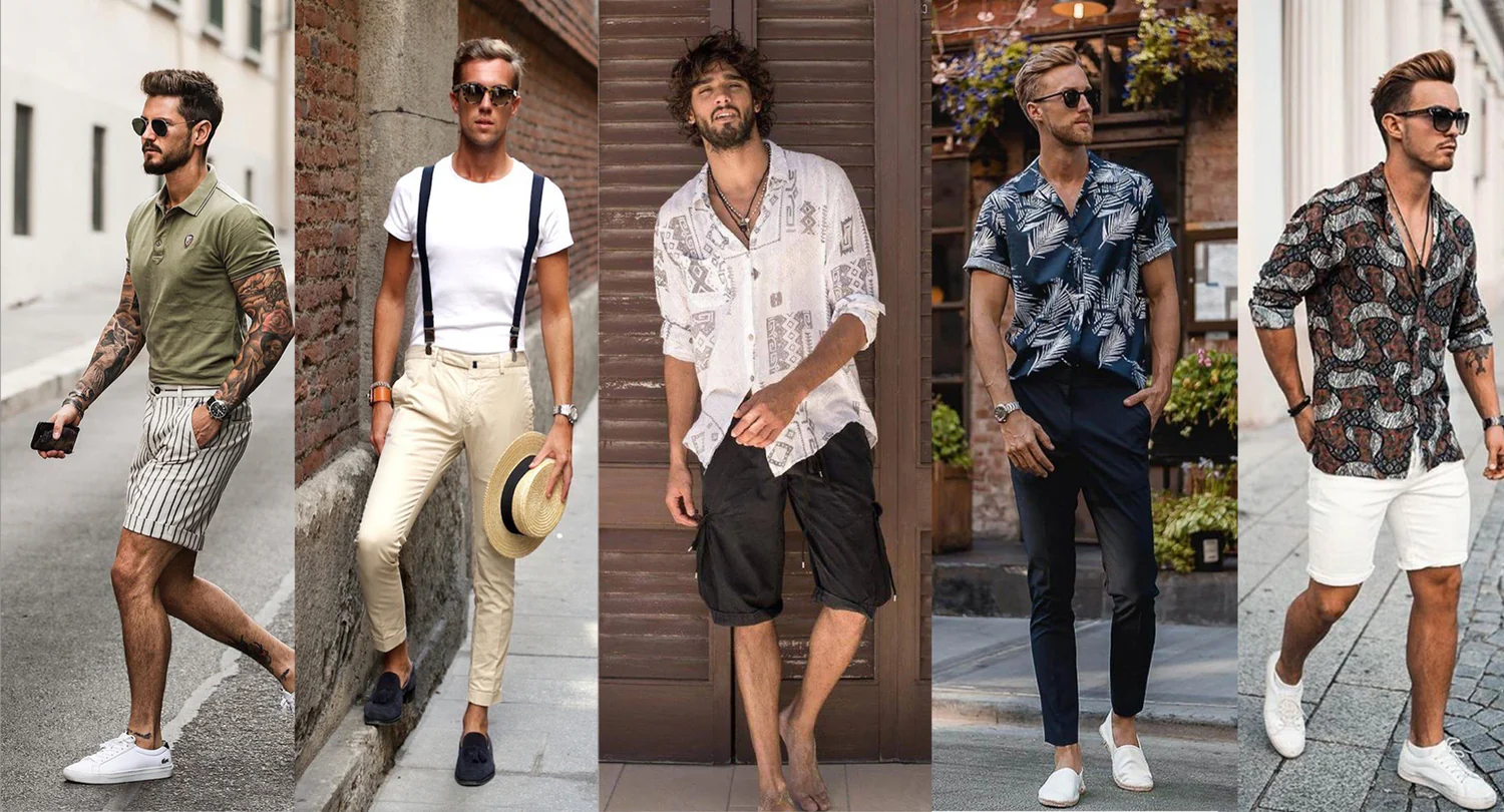 Five stylish men modeling various summer outfits, including striped shorts with a polo shirt, beige pants with suspenders and a white tee, black cargo shorts with a patterned linen shirt, navy trousers with a tropical short-sleeve shirt, and white shorts paired with a patterned button-down. Each outfit showcases different looks for man’s summer dressing, accessorized with sunglasses, loafers, and casual footwear.