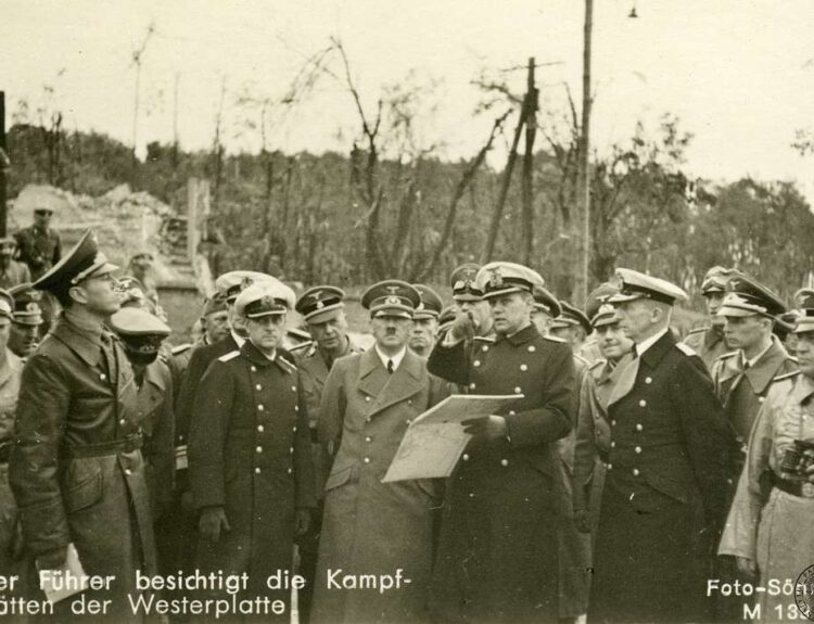 Adolf Hitler and Nazi officers inspecting the ruins of Westerplatte after the invasion of Poland during World War 2, marking the start of the Blitzkrieg strategy.